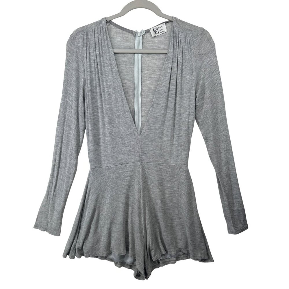 Christian Caliendo Womens Romper Sz L Gray Jersey Knit MadeUSA Wide Leg Long-Slv